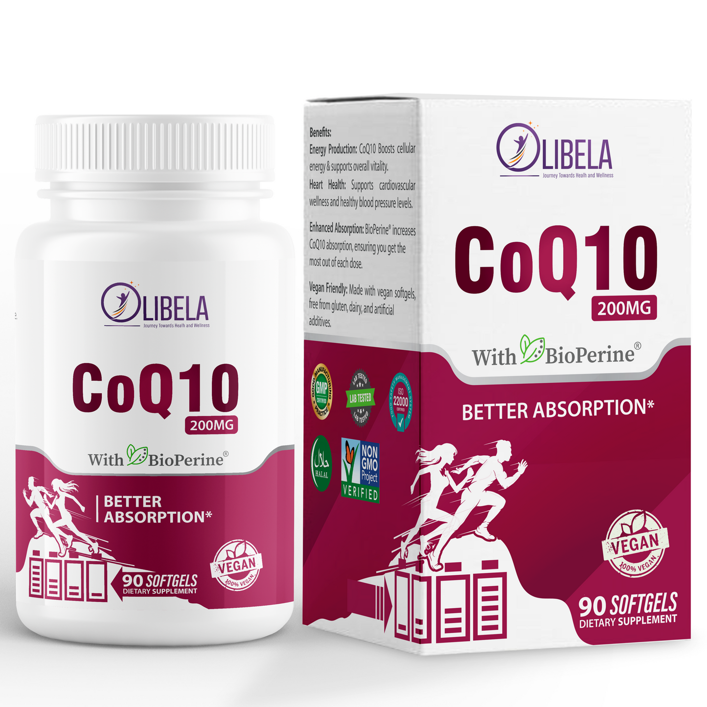 Olibela Coenzima Q10 200mg Vegano: Q10 Suplemento Antioxidante para Saúde Cardiovascular e Aumento de Energia
