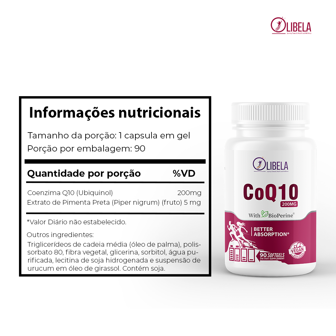 Olibela Coenzima Q10 200mg Vegano: Q10 Suplemento Antioxidante para Saúde Cardiovascular e Aumento de Energia
