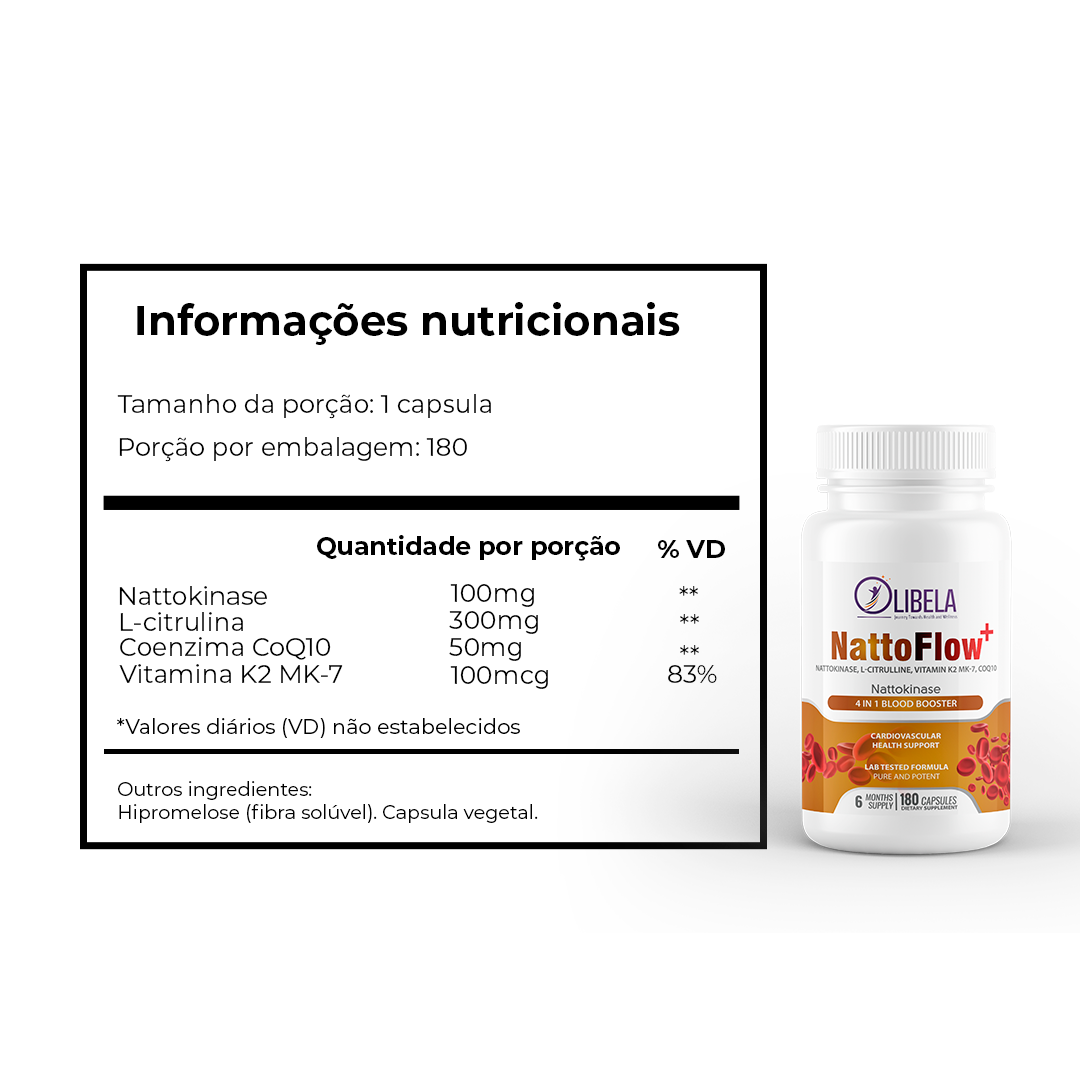 Olibela NattoFlow+ 4 em 1: Suplemento Avançado para Saúde Cardiovascular, Circulação e Energia